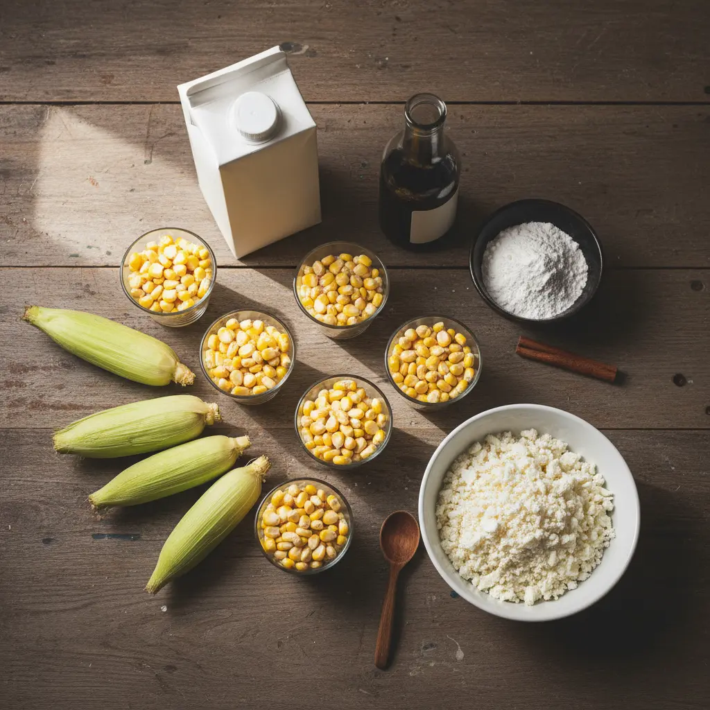 Ingredientes frescos para majarete cubano: maíz, leche, azúcar, queso, vainilla y canela.