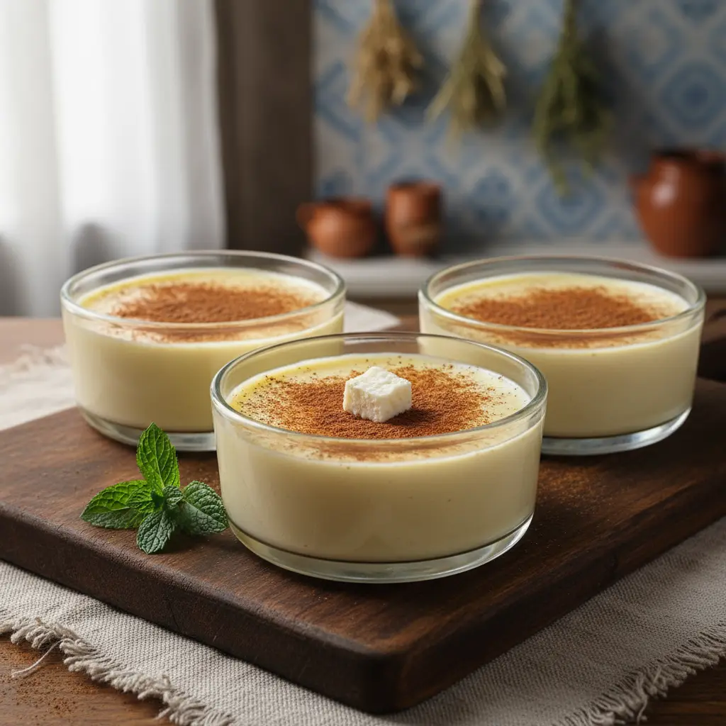 Majarete cubano con queso y canela en ramequines de vidrio, postre cremoso y amarillo pálido.
