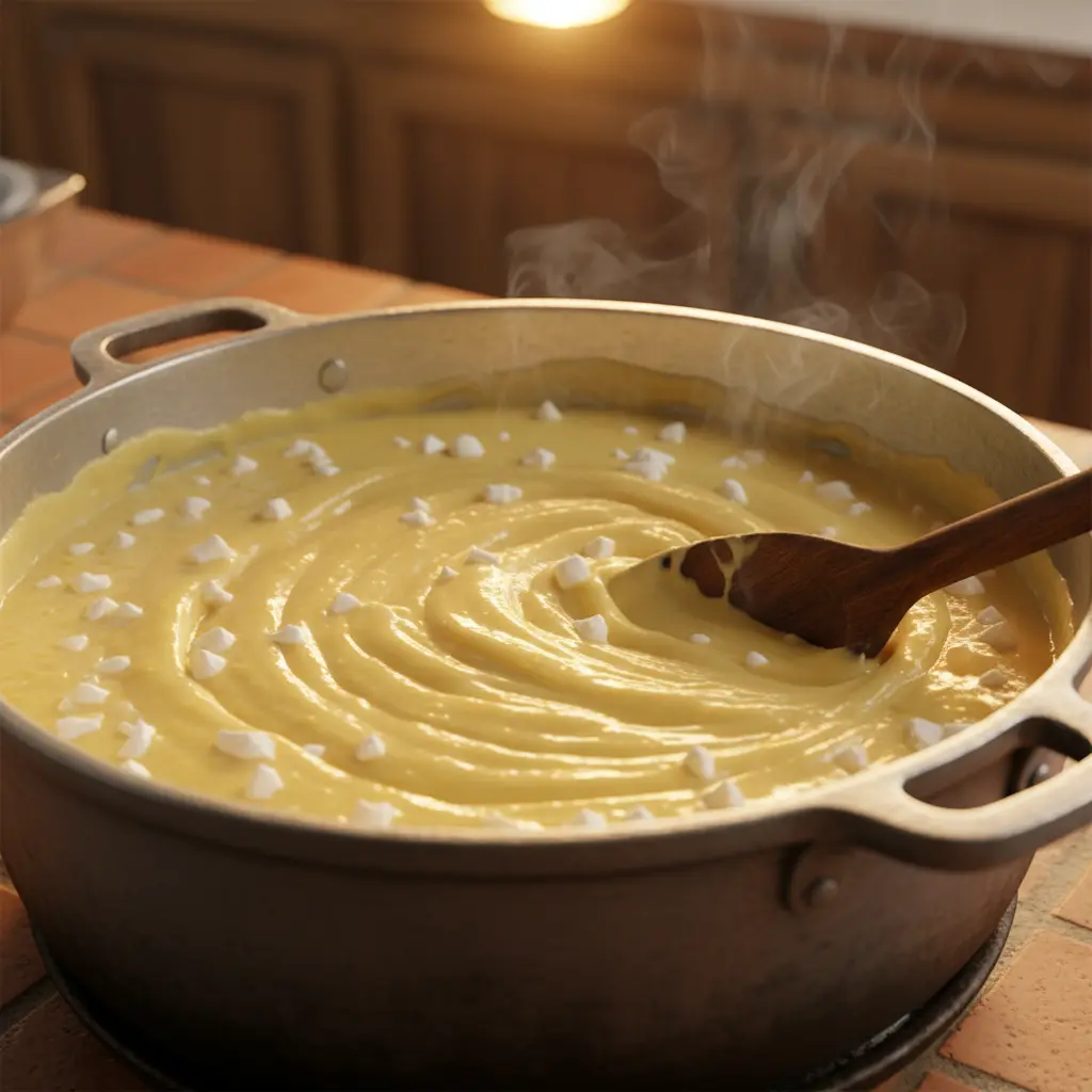 Majarete cubano cremoso con queso, removido con cuchara de madera en caldero.