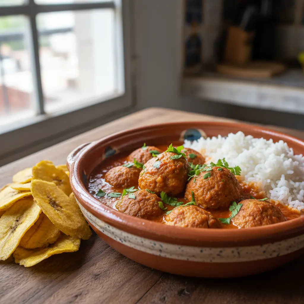 Comida cubana: Bolitas de pescado caseras Bolitas de pescado cubanas en salsa de tomate, arroz blanco y plátano frito.