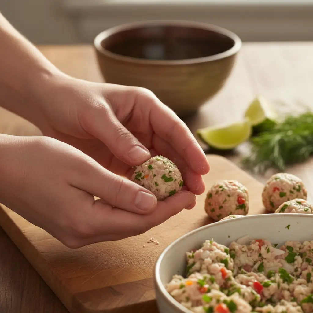 Croquetas de pescado cubanas: preparación artesanal Manos formando croquetas de pescado cubanas, mezcla con hierbas y vegetales.