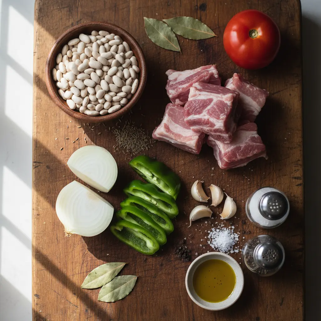 Ingredientes crudos para potaje de judías blancas cubano en tabla rústica.