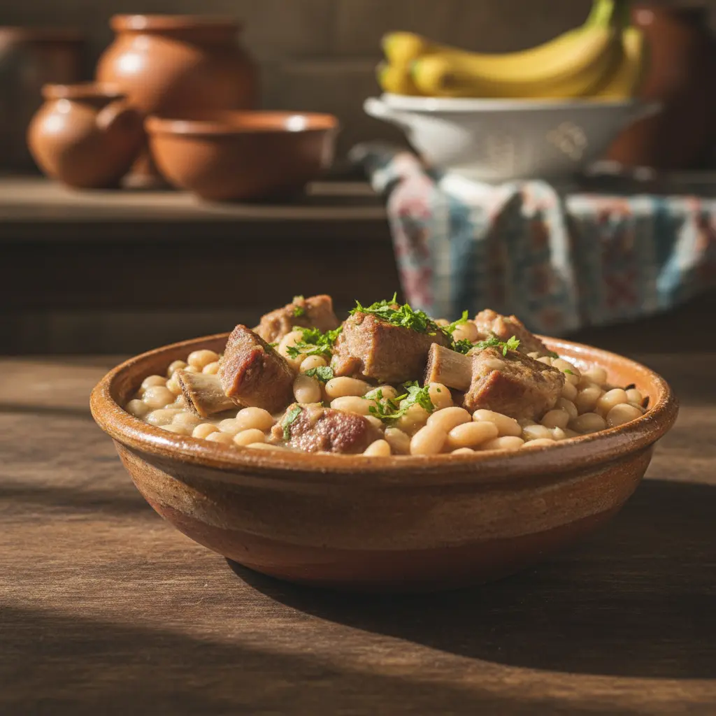 Potaje de judías blancas cubano cremoso con cerdo, servido en cuenco rústico con cilantro.