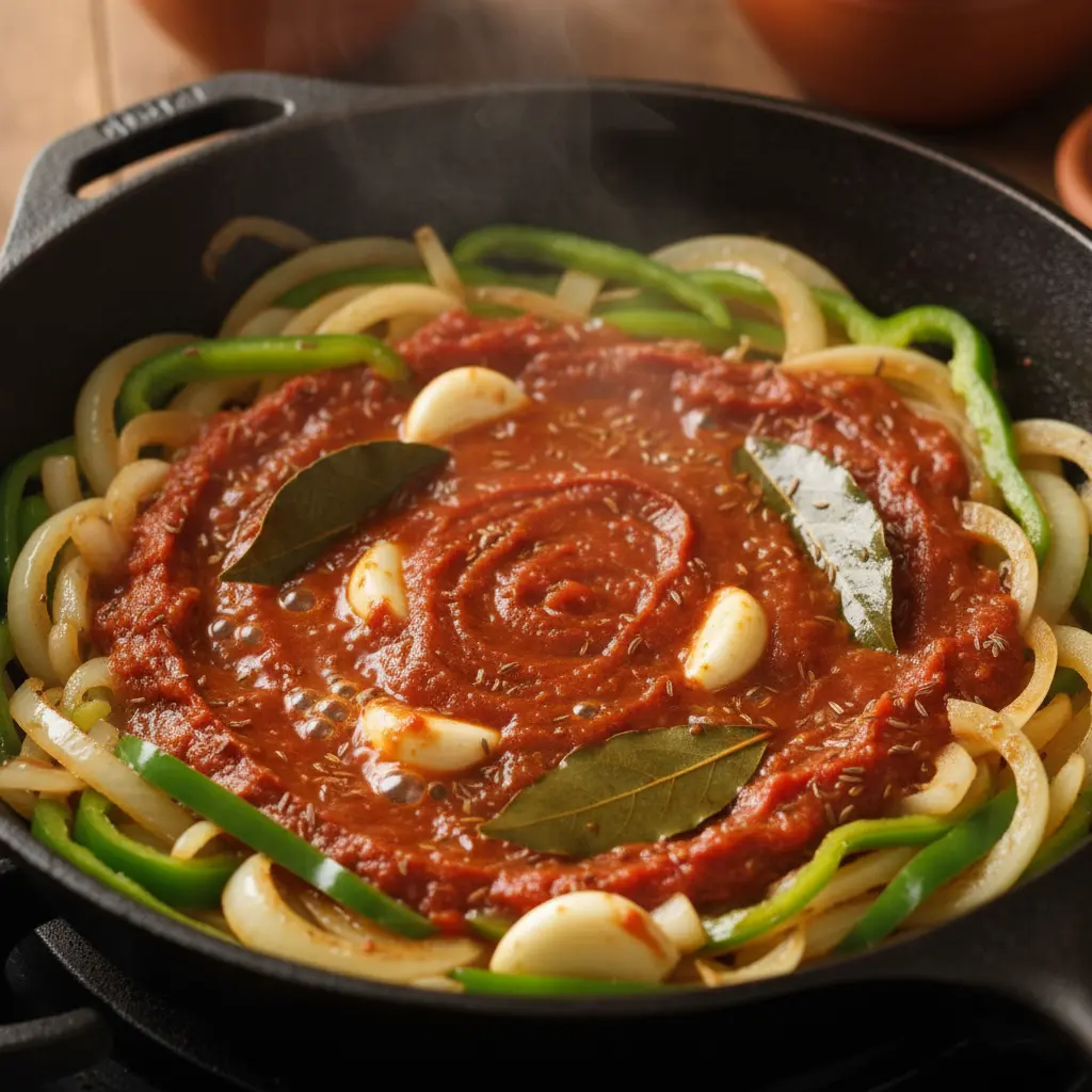 Sofrito cubano dorado burbujeando en sartén para potaje de judías blancas.