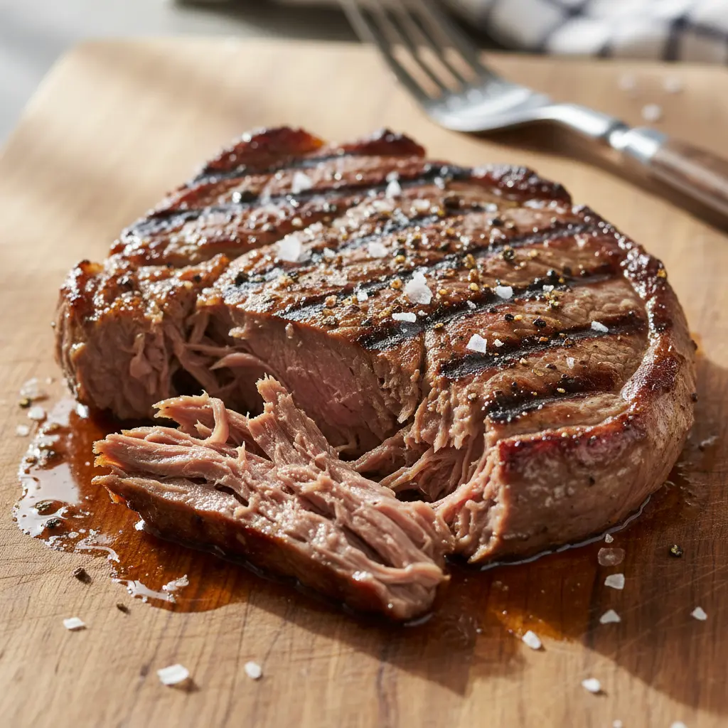 Bistec de palomilla cubano jugoso y tierno, reposando en tabla de madera, sal y pimienta visibles.
