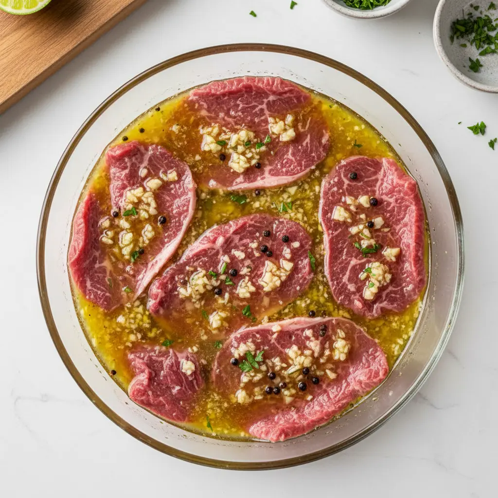 Filetes de palomilla crudos marinando con ajo, aceite y limón en plato de vidrio.