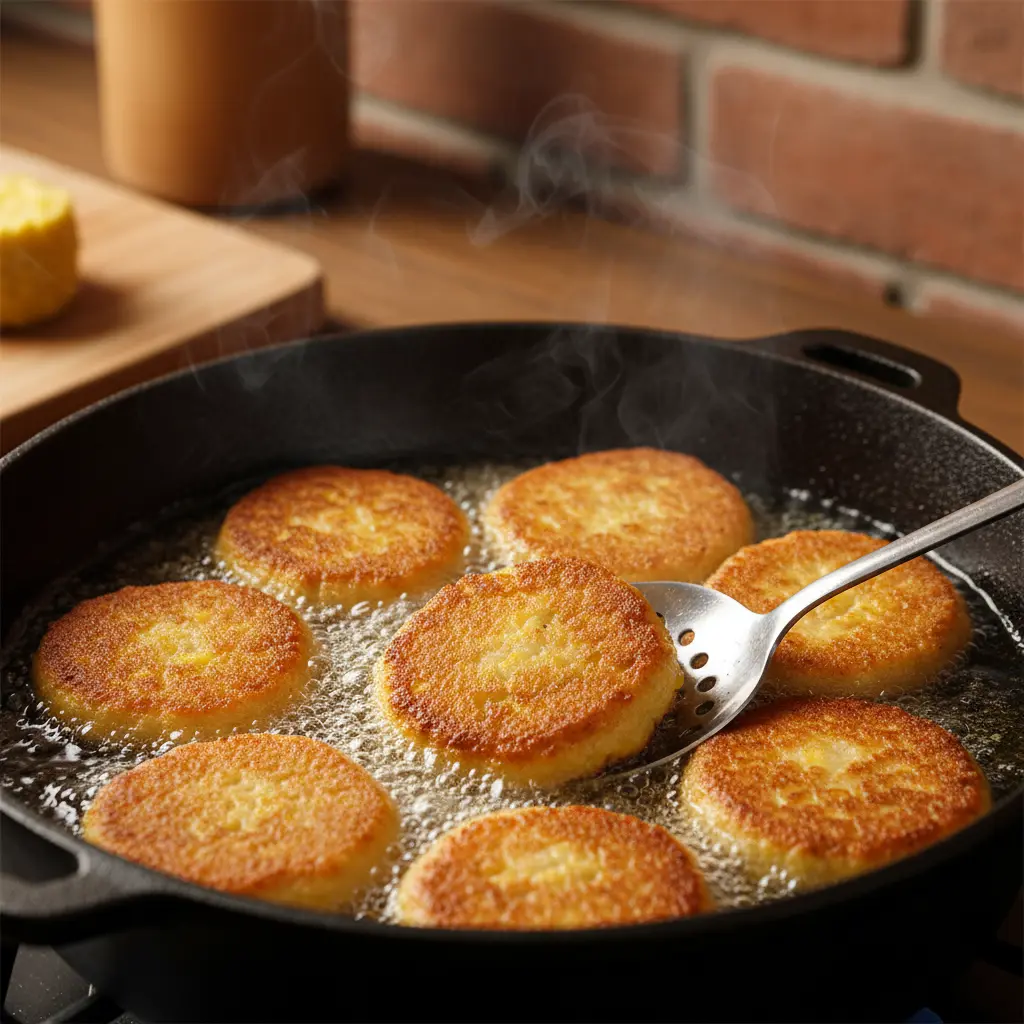 Frituras de maíz tierno doradas Frituras de maíz tierno dorándose en aceite caliente en caldero de hierro fundido.