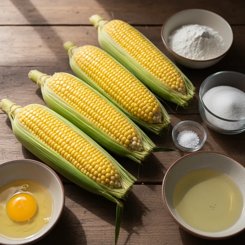 Frituras de Maíz Tierno: Ingredientes Frescos Ingredientes frescos para frituras de maíz tierno: mazorcas amarillas, harina, azúcar, huevo y aceite.