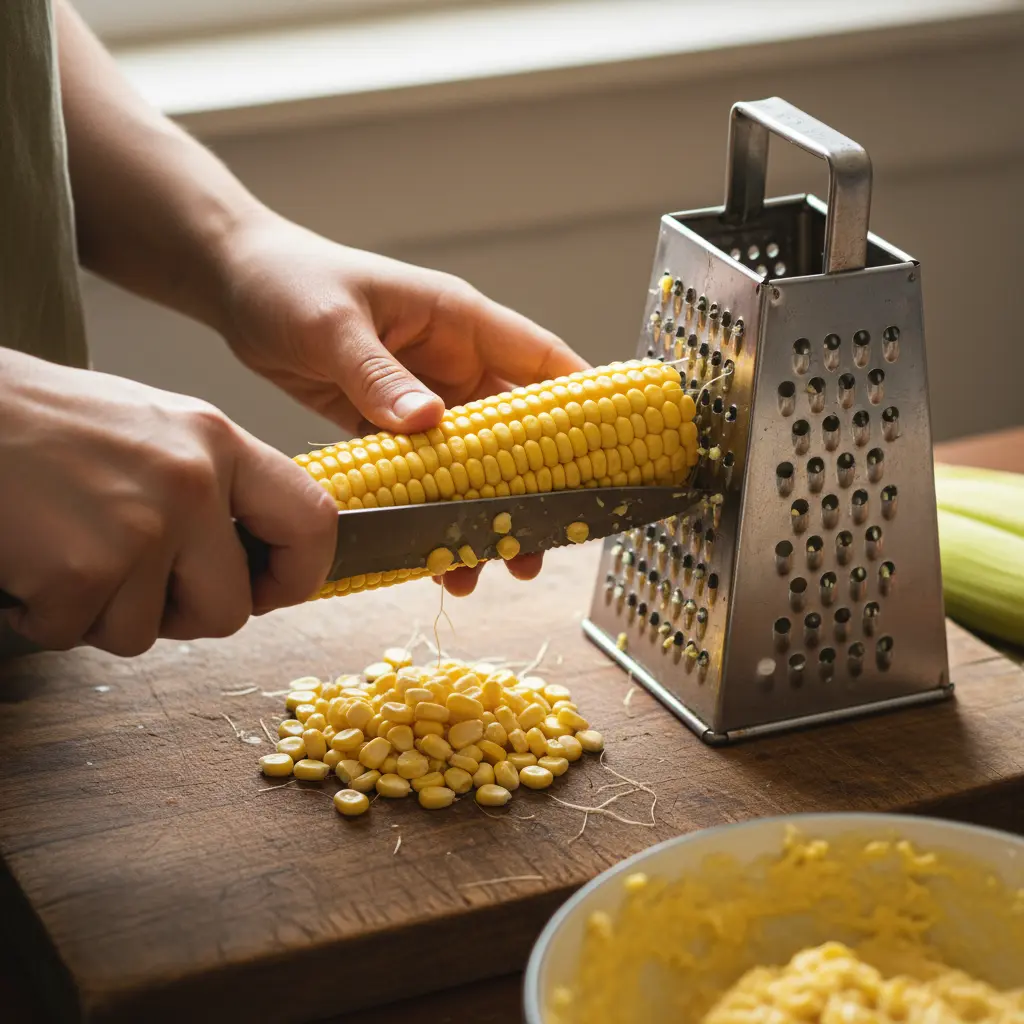 Preparando maíz tierno para frituras Manos cortando y rallando maíz tierno para frituras, detalle de preparación.