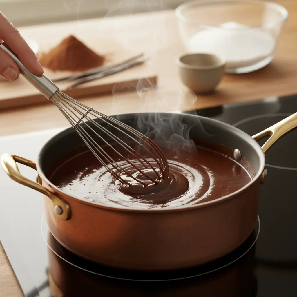 Batido de chocolate espeso en cacerola, textura cremosa y brillante formándose.