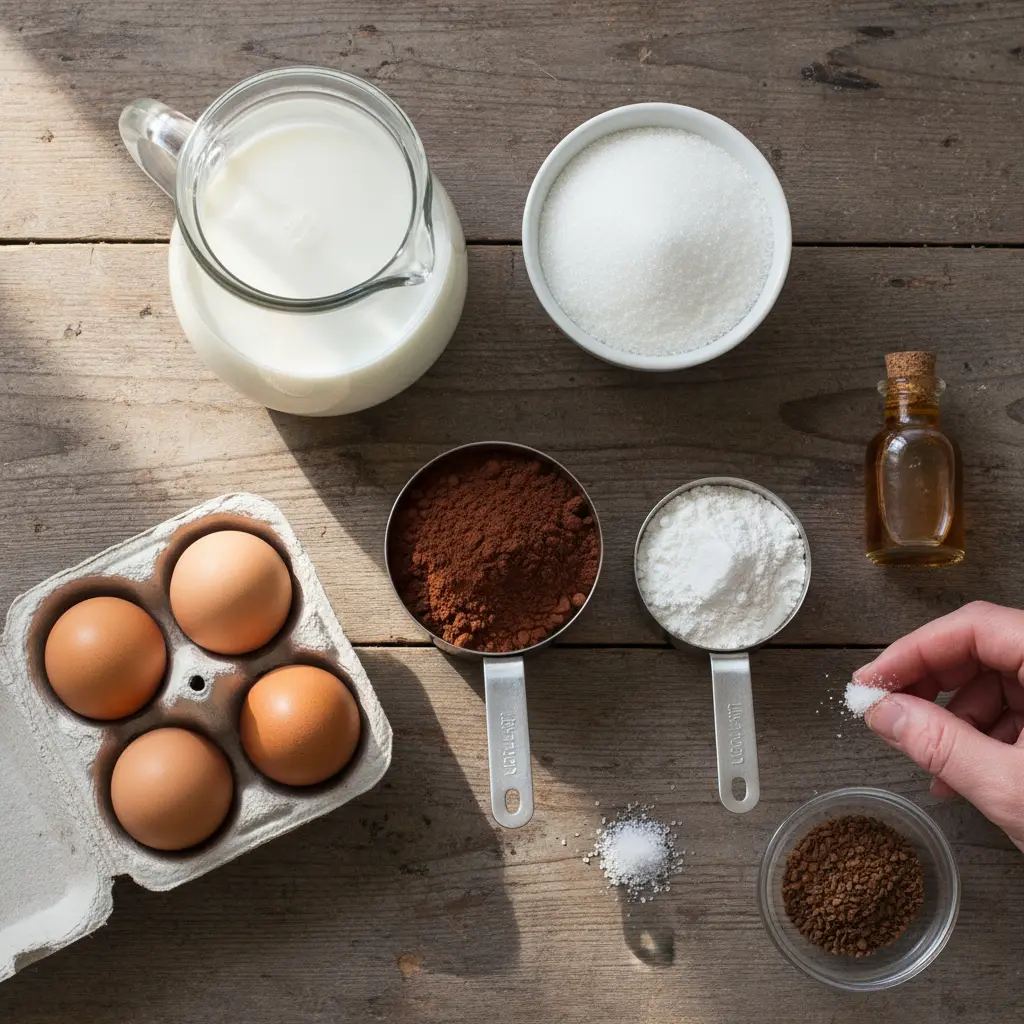 Ingredientes crudos para pudín de chocolate cubano: leche, azúcar, huevos, cacao, maicena, vainilla, sal y café.