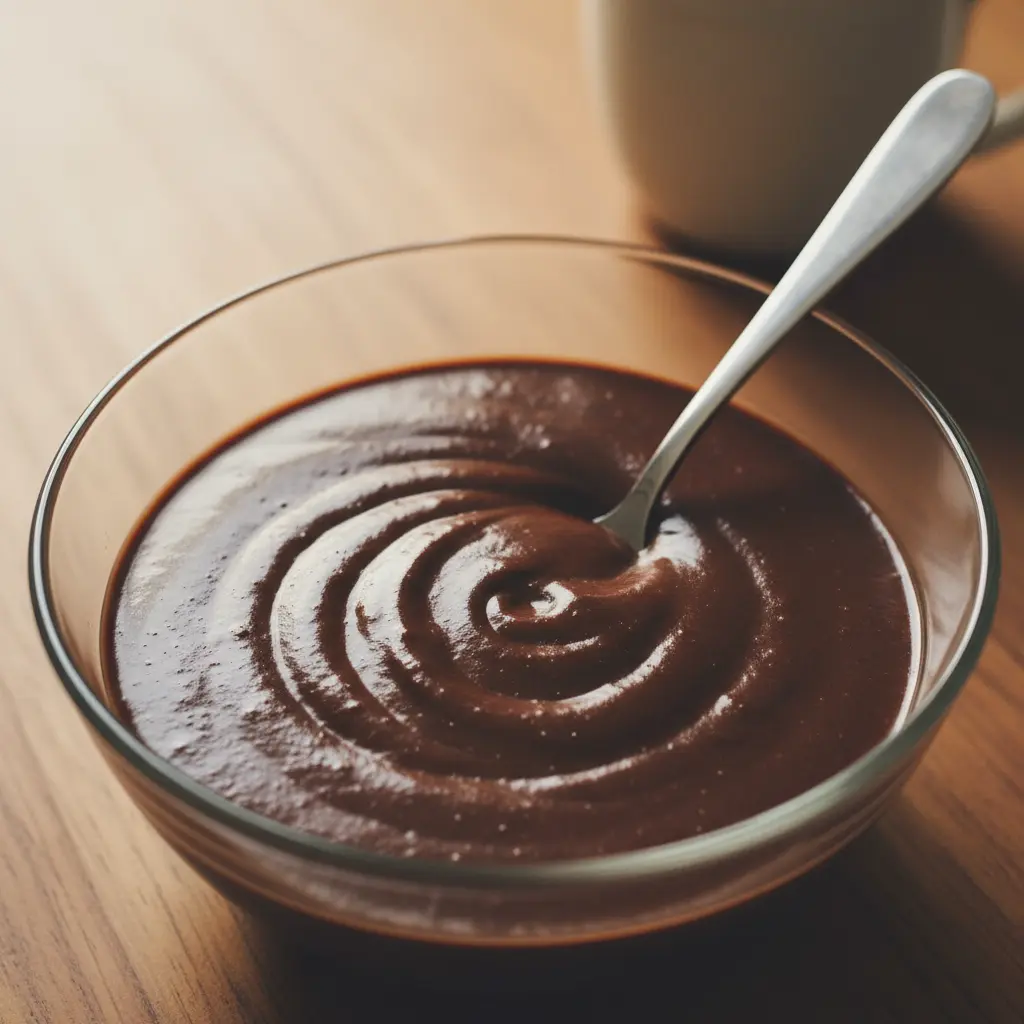 Primer plano de pudin de chocolate negro casero, brillante y sedoso, en cuenco de cristal con cuchara espolvoreada.