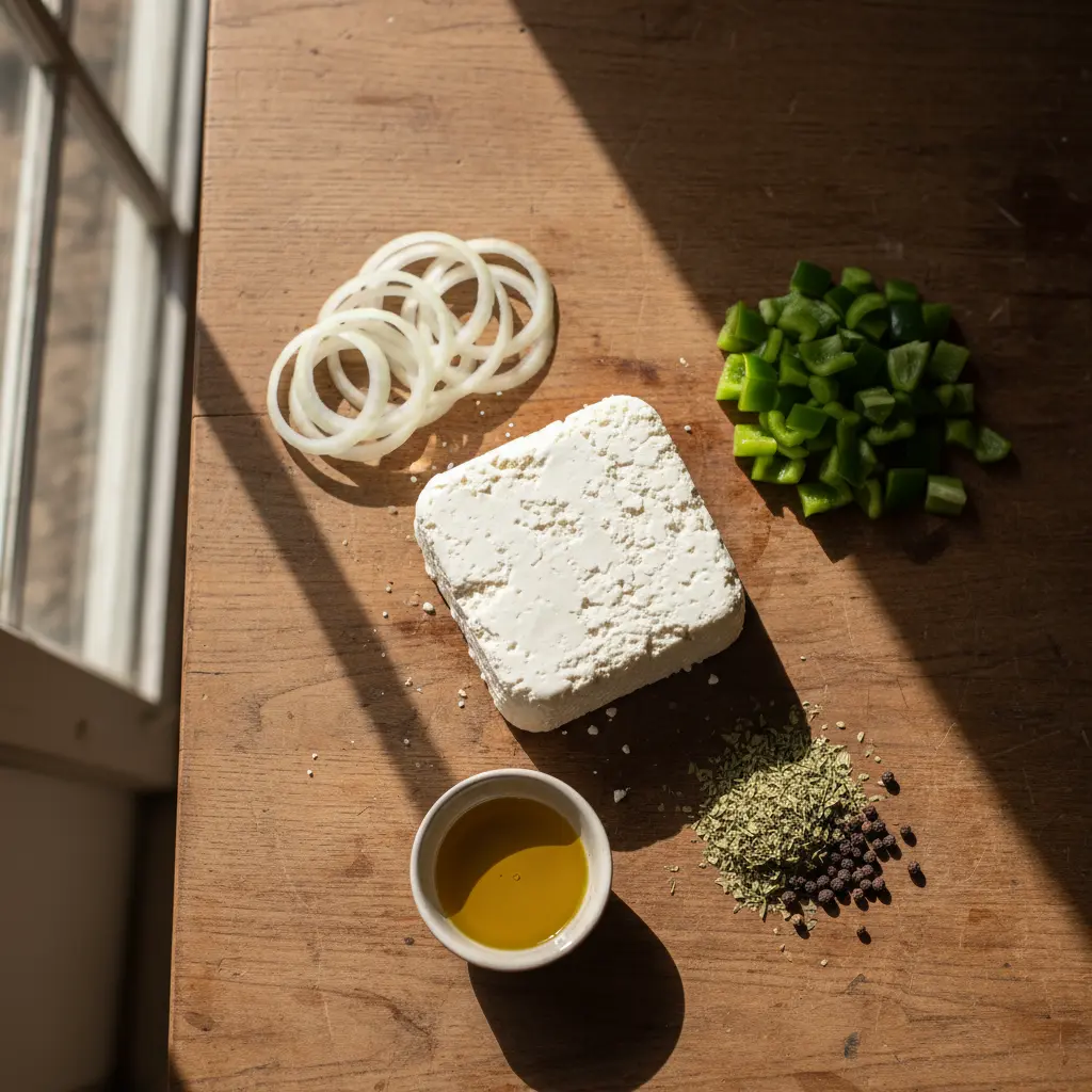 Pizza Cubana Blanca: Ingredientes Frescos Ingredientes frescos para pizza cubana blanca: queso, cebolla, pimiento, aceite, orégano.