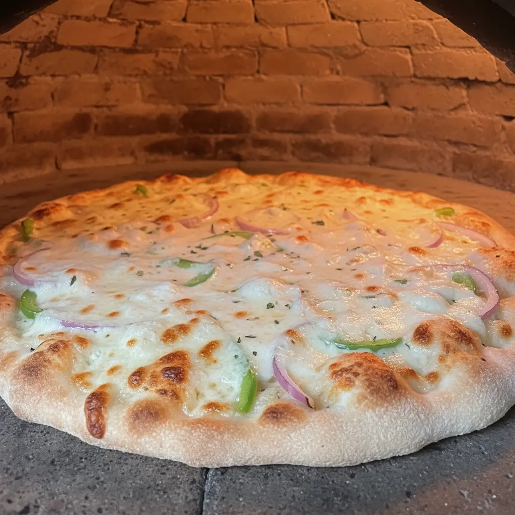 Pizza Blanca Cubana Artesanal en Horno Rústico Pizza cubana blanca burbujeante con queso dorado y verduras en horno rústico.