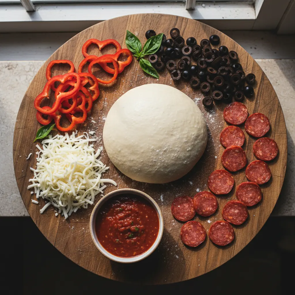 Ingredientes frescos para pizza de chorizo estilo cubano en tabla de madera rústica.