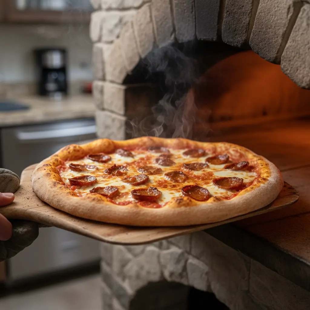 Pizza de chorizo recién horneada, con queso burbujeante y corteza dorada, saliendo del horno.