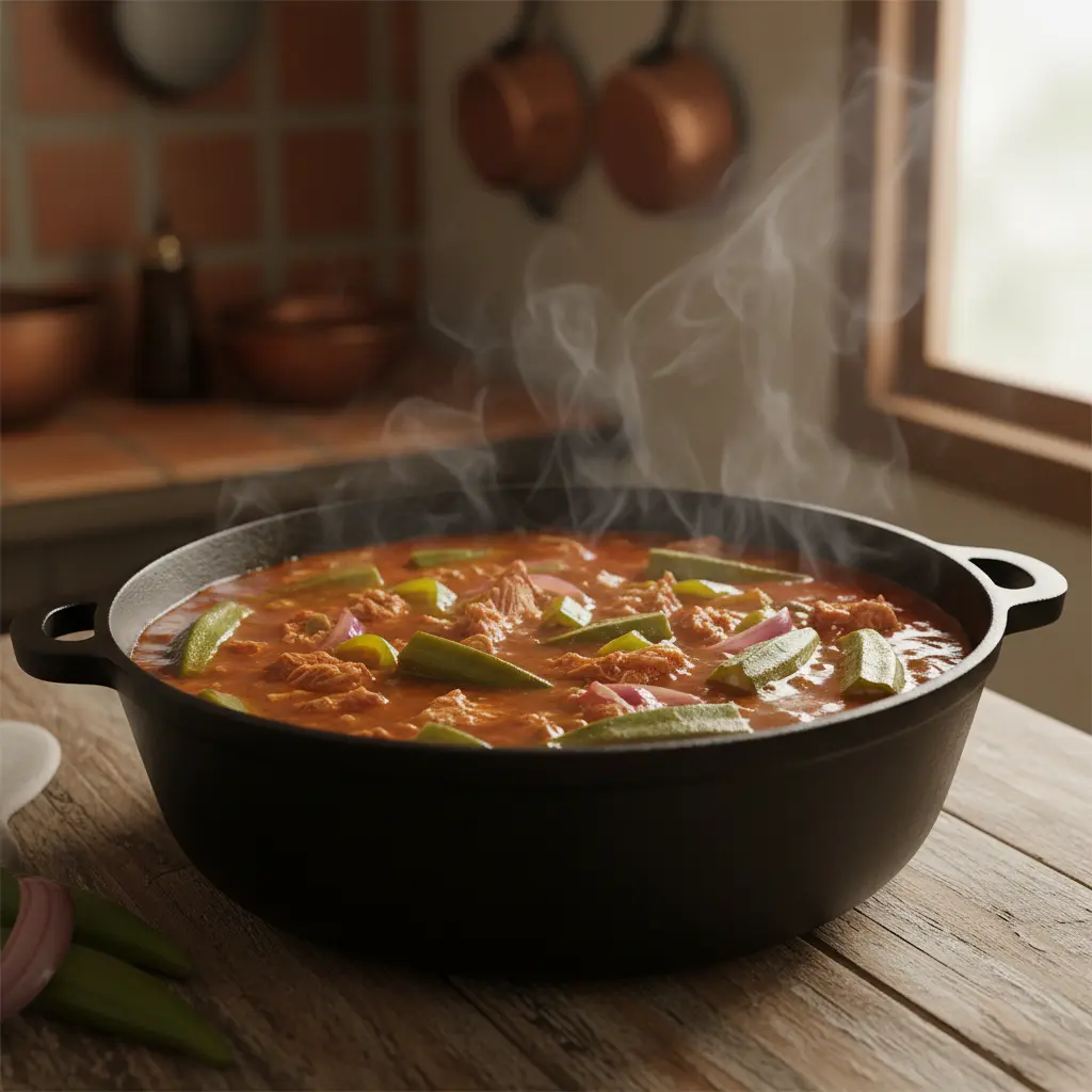 Quimbombó Cubano: Sabor y Tradición en Caldero Guiso cubano de quimbombó burbujeando en caldero, con okra tierna y cerdo deshebrado.