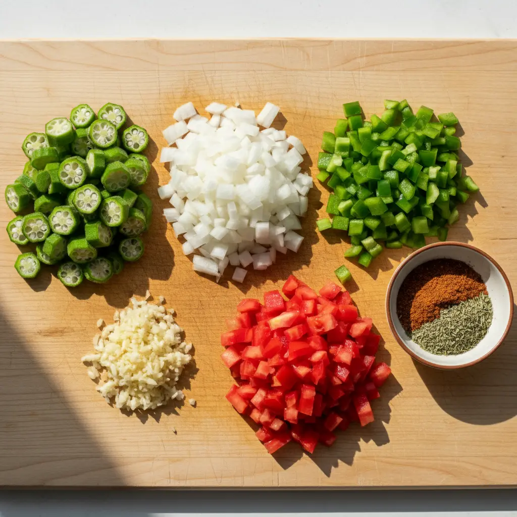 Preparación de Quimbombó Cubano: Ingredientes Frescos Ingredientes picados para quimbombó cubano: okra, cebolla, ajo, pimiento y tomate.