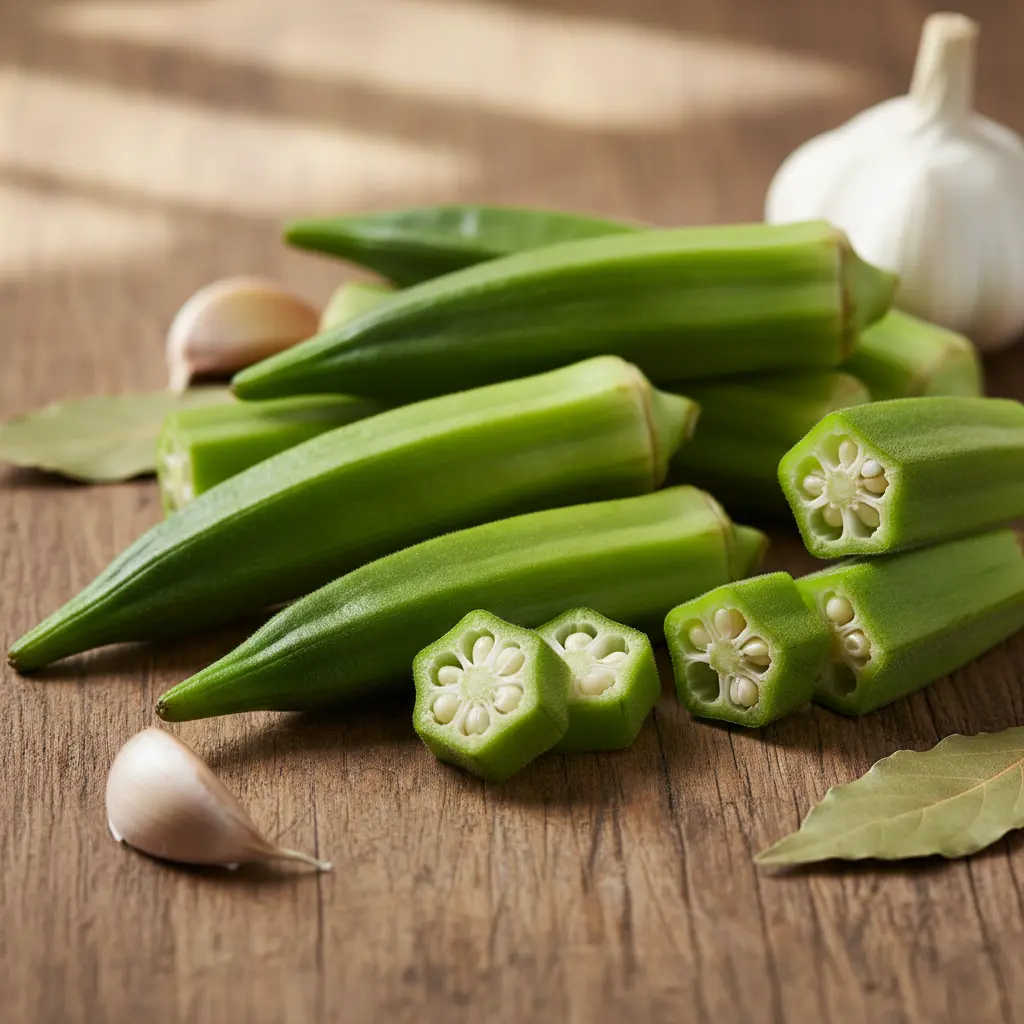 Okra fresca: Ingredientes para plato cubano Okra fresca cruda en mesa rústica, con ajo y laurel. Cocina cubana.