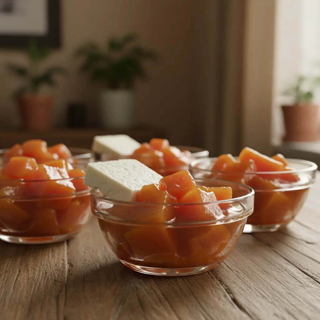 Dulce de Fruta Bomba Cubano con Queso Fresco Dulce de fruta bomba cubano en copas de cristal con queso fresco, luz natural.