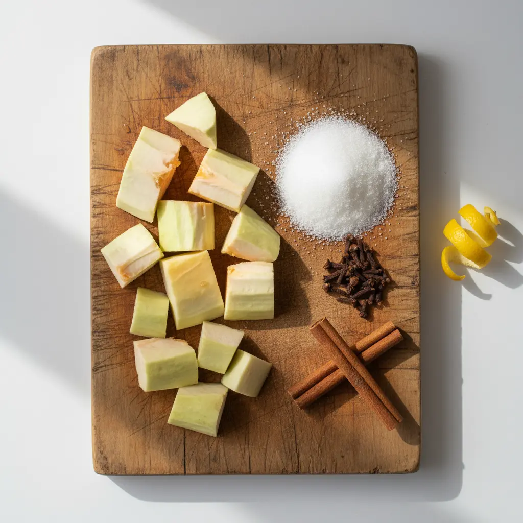 Dulce de Fruta Bomba Cubano: Ingredientes Frescos Dulce de fruta bomba cubano: papaya verde, azúcar, canela, clavo y ralladura de limón.