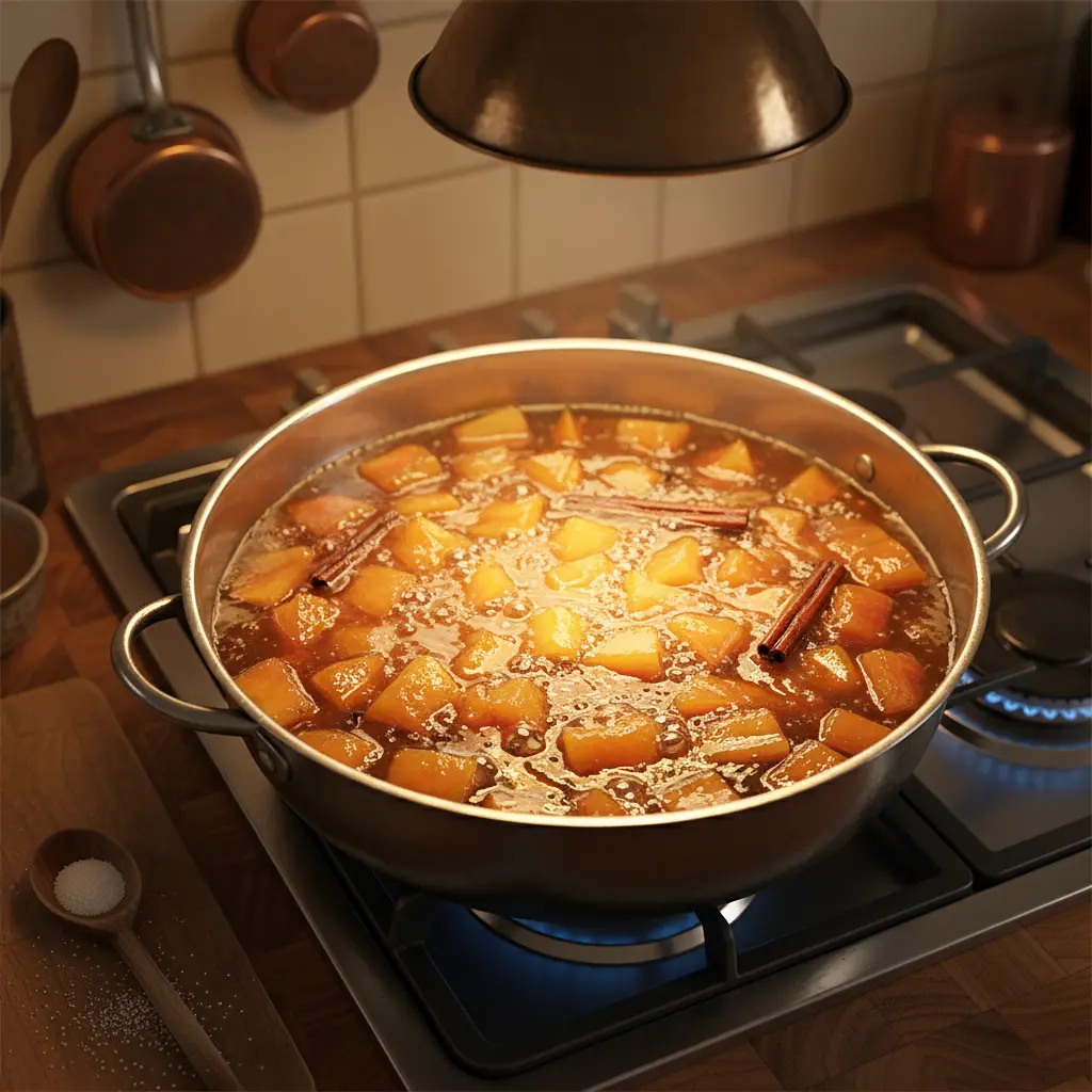 Dulce de Fruta Bomba: Preparación Artesanal Dulce de fruta bomba: papaya verde cocinándose en almíbar ámbar con canela y clavo.