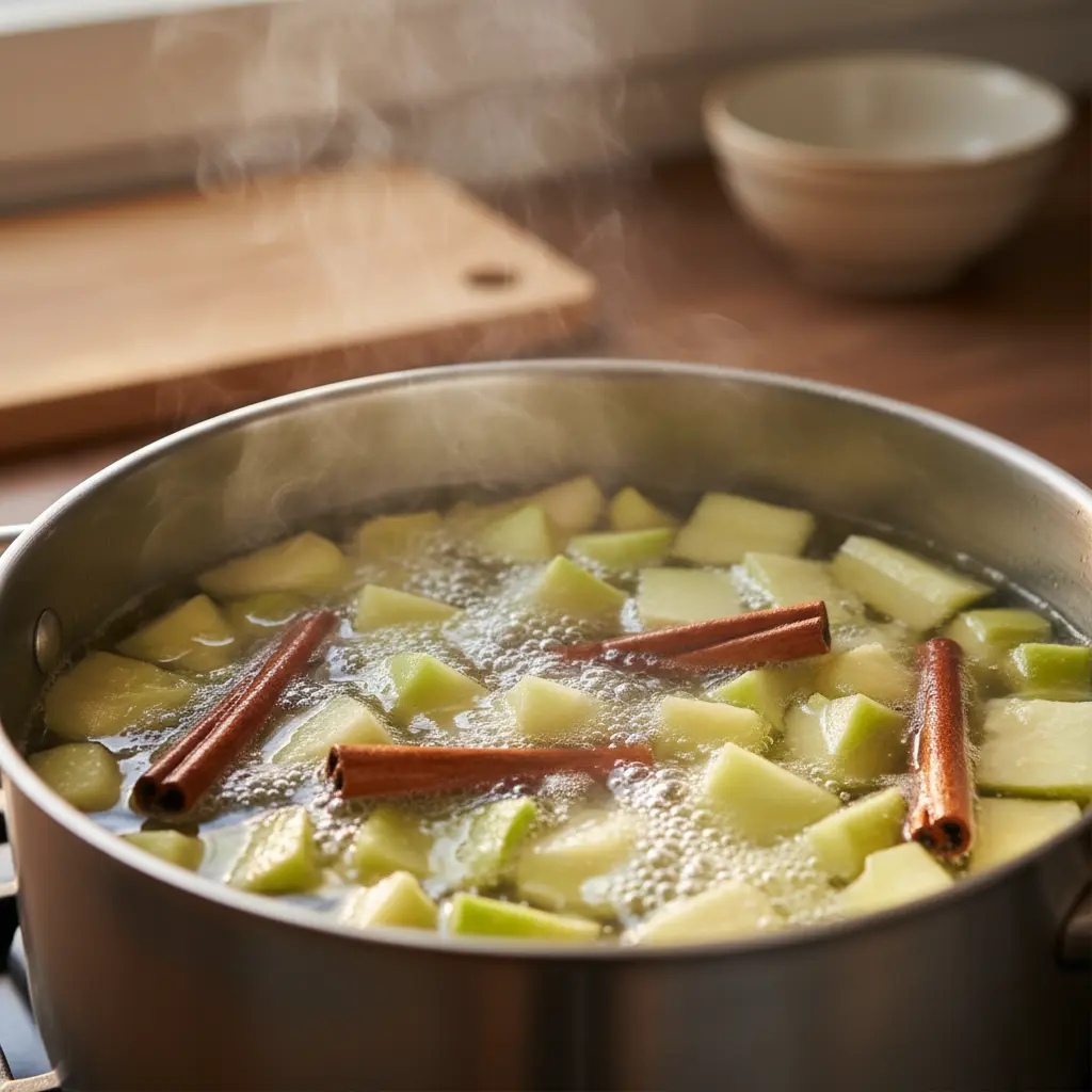 Papaya verde cocinándose en olla con canela Trozos de papaya verde hirviendo con canela en olla, cocina casera cálida.