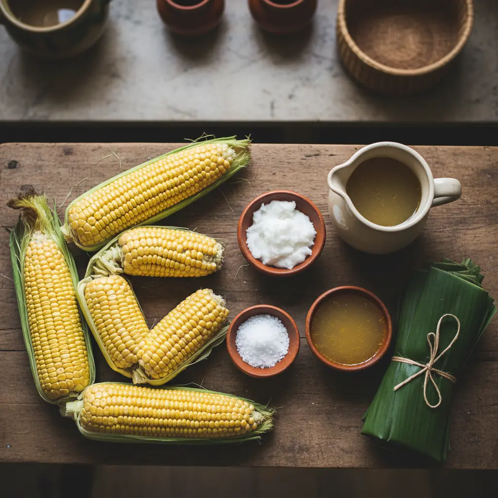 Maíz tierno: preparación auténtica en cocina rústica Maíz fresco y tierno en mesa rústica con manteca, caldo y hojas de plátano.