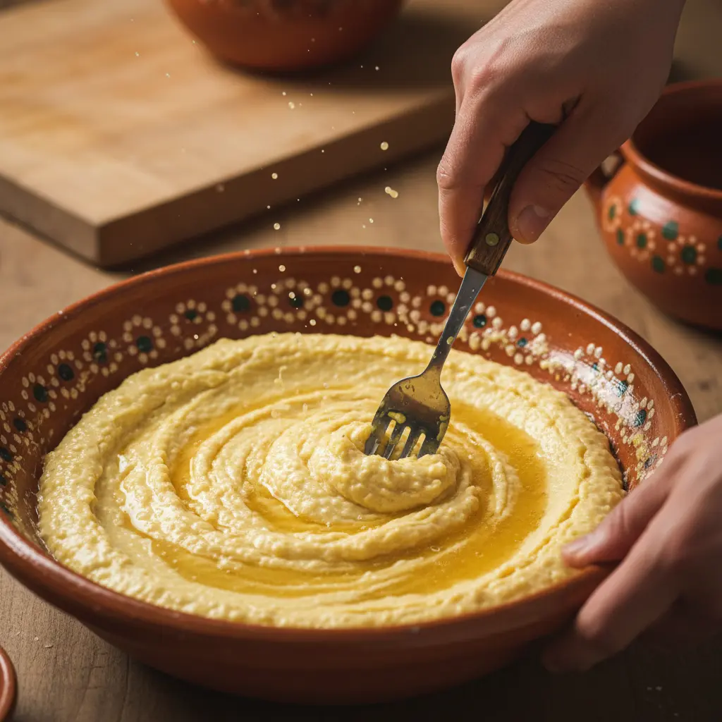 Masa de maíz: preparación tradicional en cocina Manos de chef mezclando masa de maíz amarilla con manteca y caldo en bol cerámico.