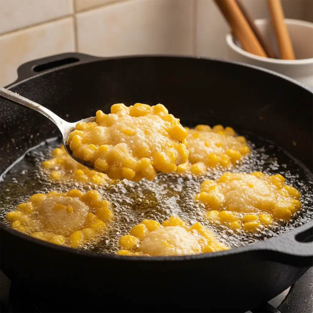 Frituras de maíz dorándose en aceite caliente en caldero cubano. Cocina auténtica.