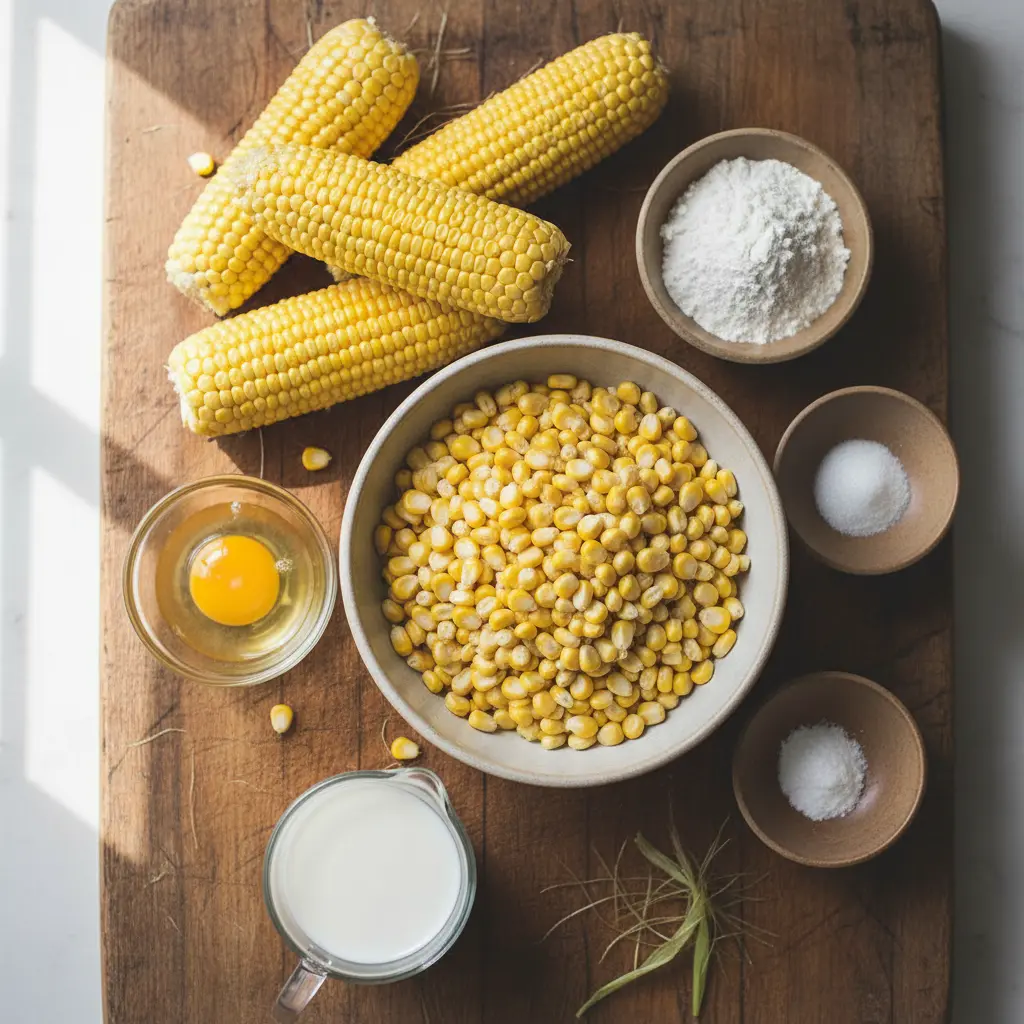 Ingredientes frescos para frituras de maíz cubanas: maíz, harina, azúcar, huevo, leche.
