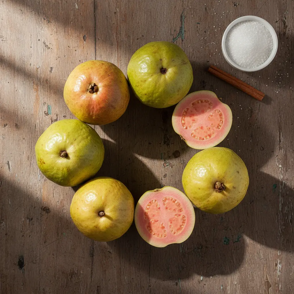 Guayabas rosadas: dulzura cubana con azúcar y canela Guayabas frescas rosadas, azúcar y canela en cocina rústica cubana.