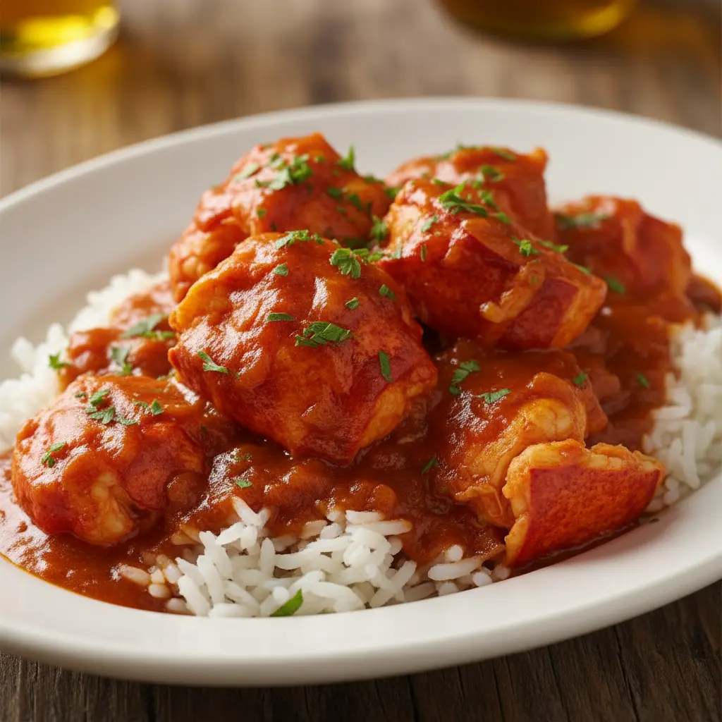Enchilado de langosta con arroz blanco y perejil fresco, vista 45 grados.