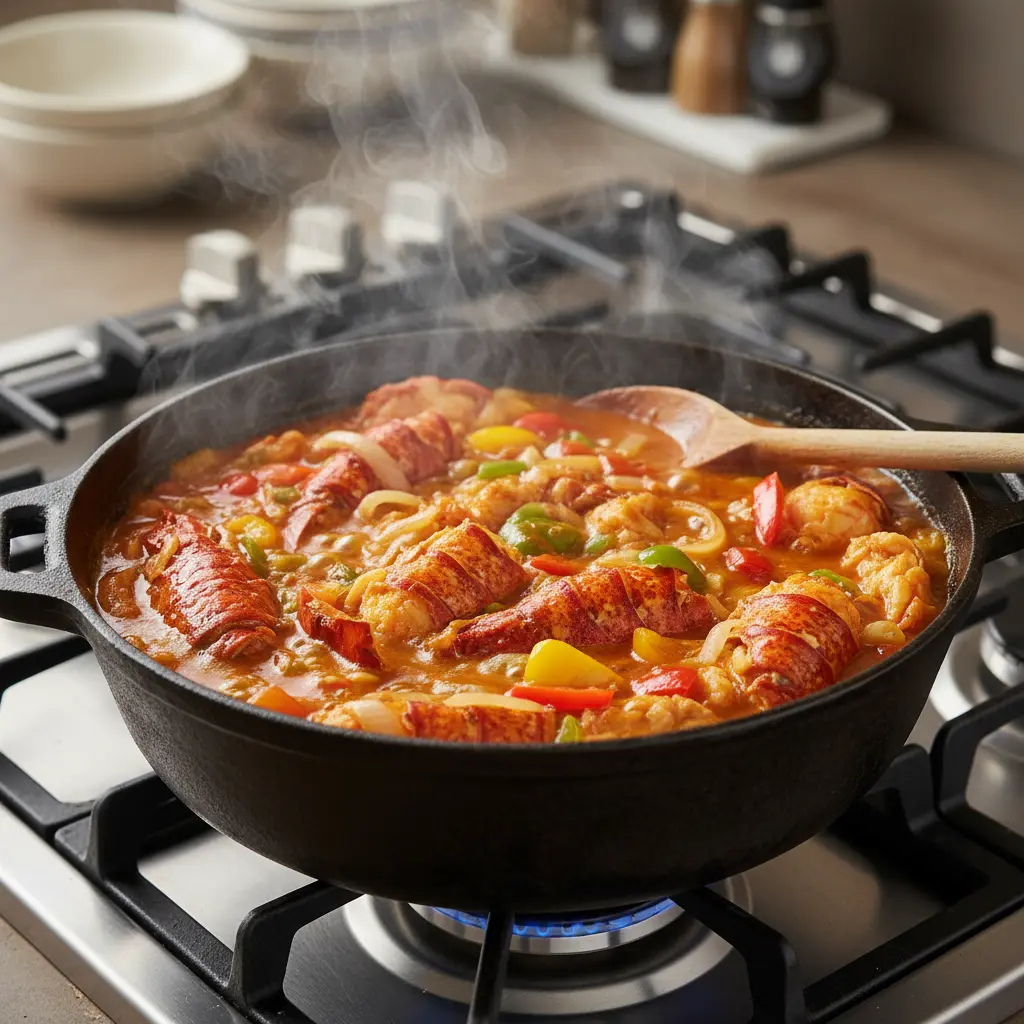 Enchilado de langosta con trozos tiernos de langosta en salsa rojiza, pimientos y cebolla.