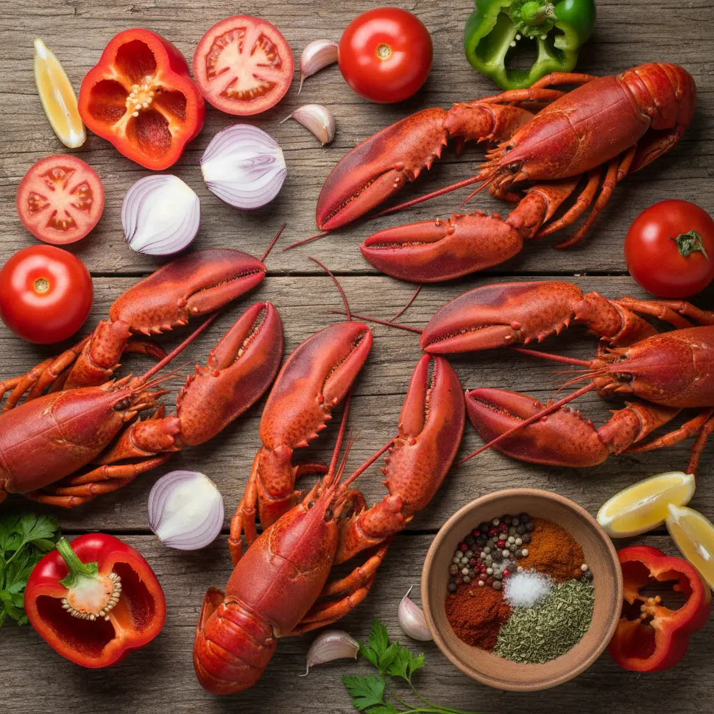 Langostas frescas enteras con tomates, pimientos y ajo en mesa rústica.