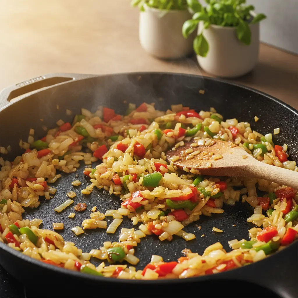 Sofrito de cebolla, ajo y pimiento dorado en sartén con aceite de oliva.