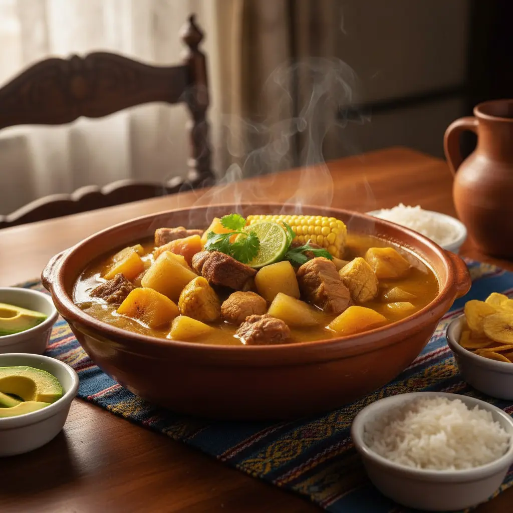 Cómo Hacer Ajiaco Cubano: Receta Auténtica - Plato servido en la mesa Ajiaco cubano auténtico servido en un plato familiar en la mesa.