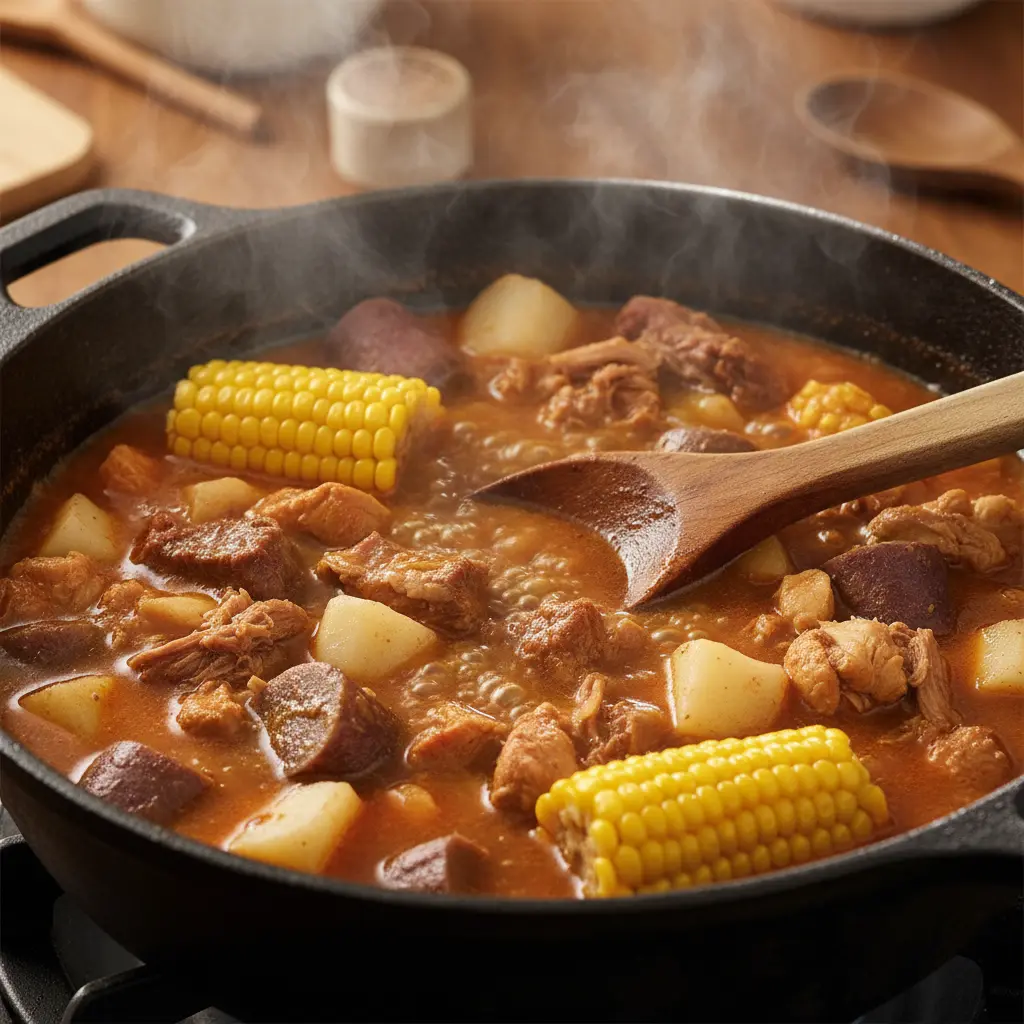 Ajiaco Cubano: Sabor Auténtico en Caldero Ajiaco cubano burbujeante en caldero, con carnes, yuca y malanga. Vapor y cuchara de madera.