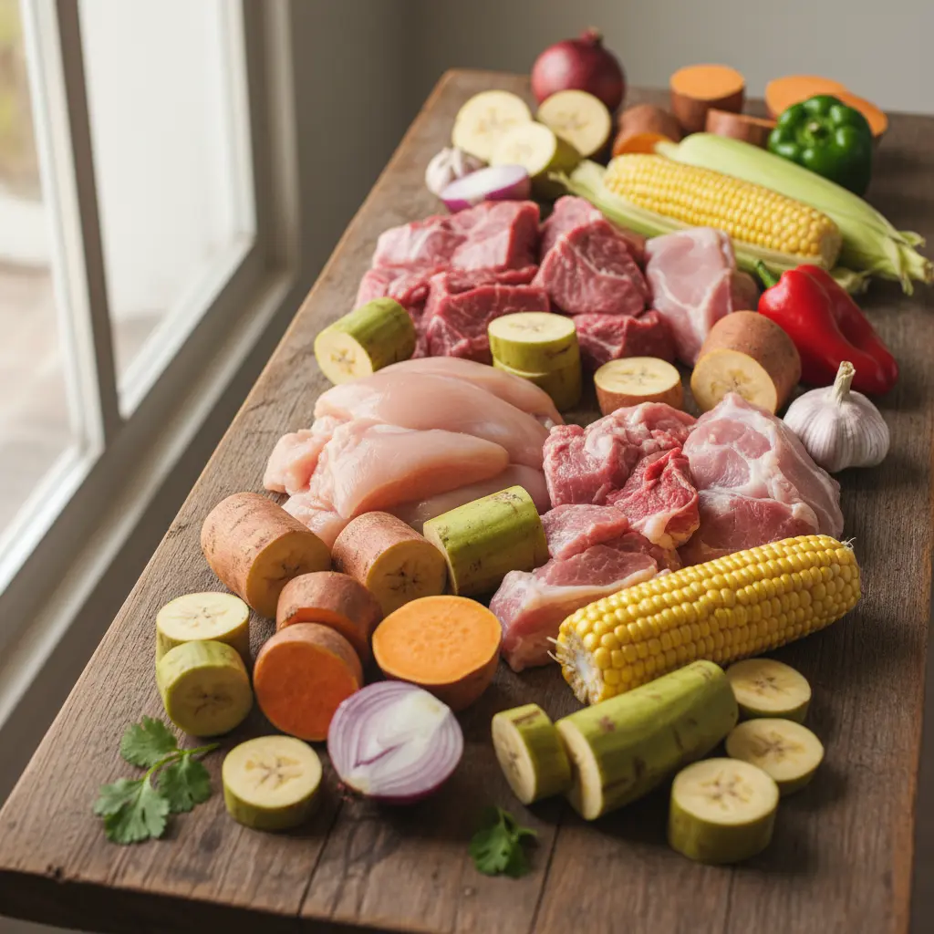 Ajiaco Cubano: Ingredientes Frescos para Cocinar Ingredientes crudos para ajiaco cubano: pollo, res, cerdo, yuca, malanga, batata, plátano, maíz, cebolla, ajo.