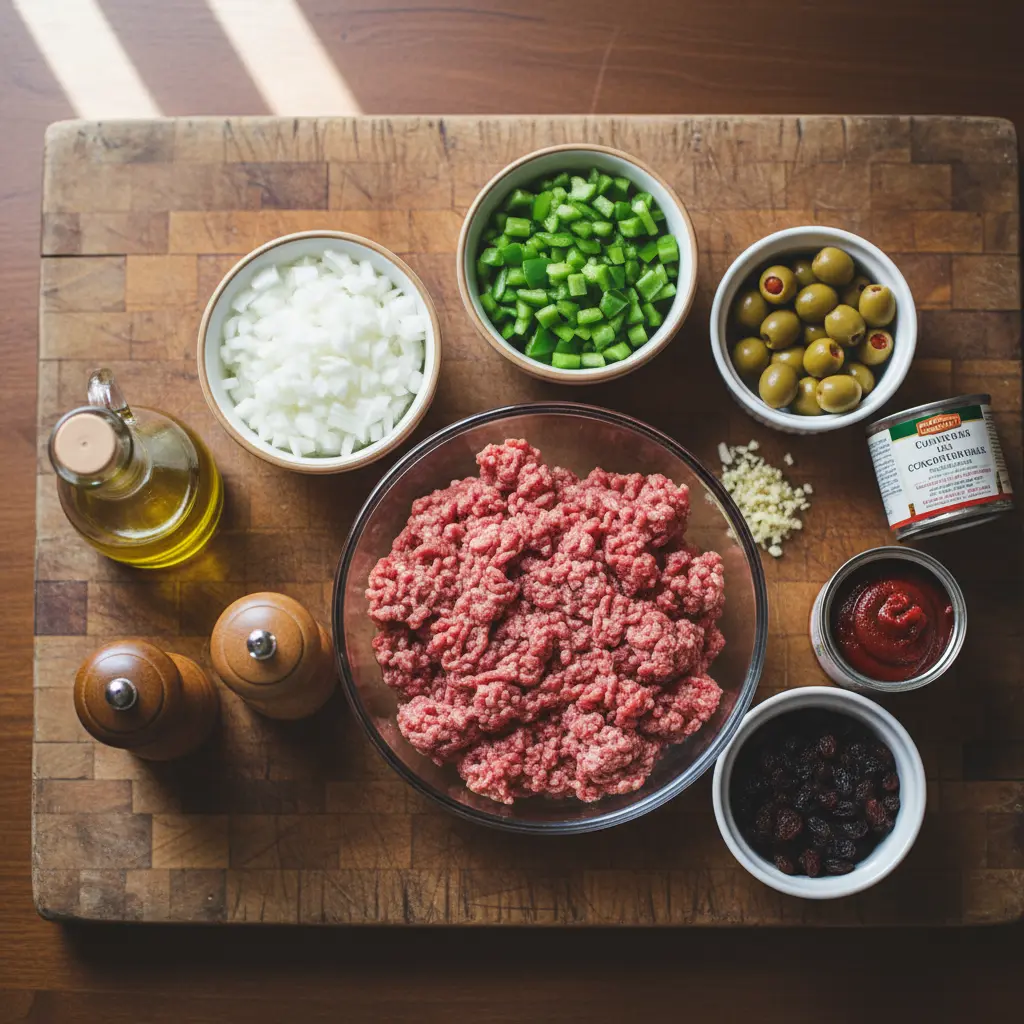 Ingredientes crudos para picadillo cubano: carne molida, cebolla, pimiento, ajo, aceitunas, pasas.
