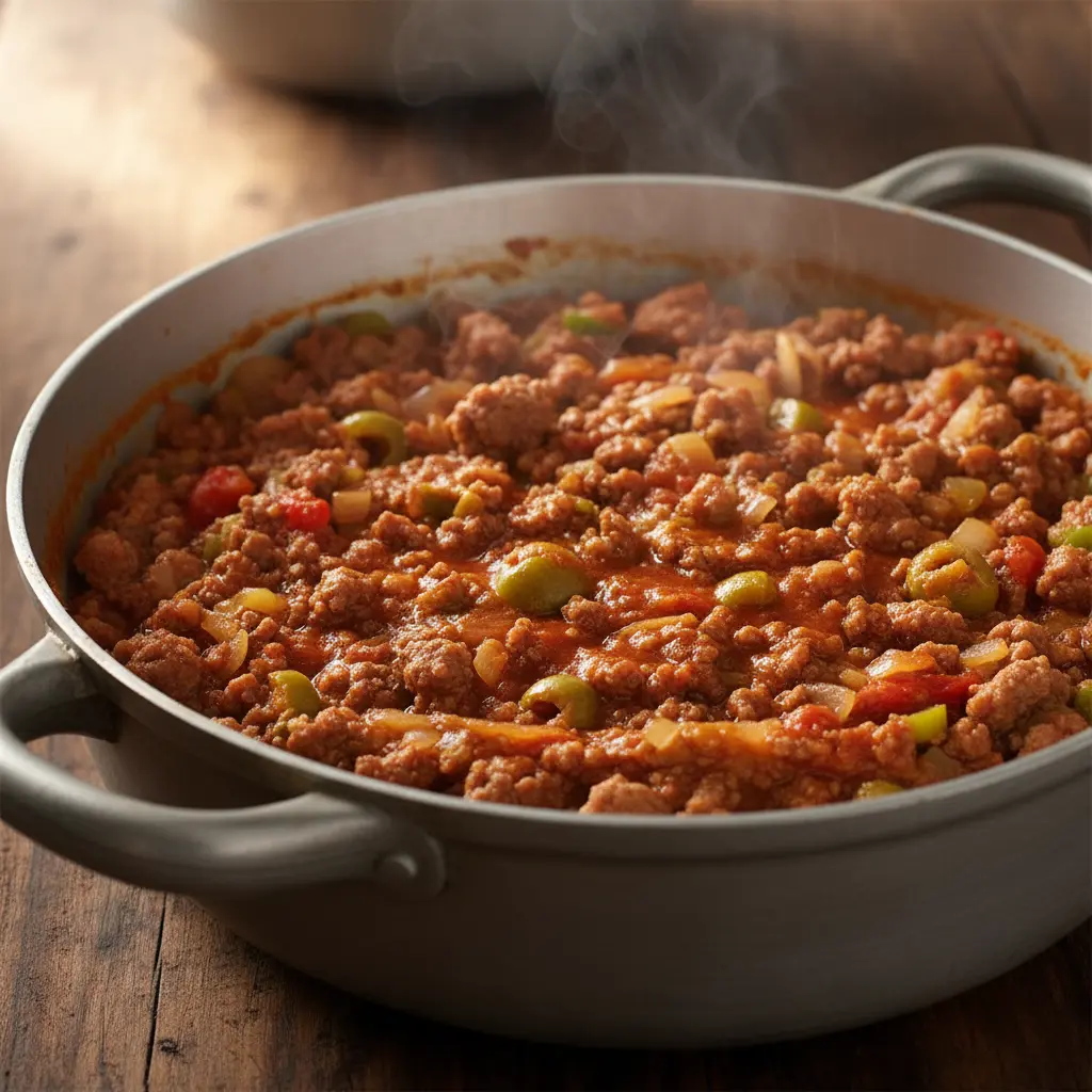 Picadillo cubano casero en caldero, carne molida con verduras y salsa de tomate.
