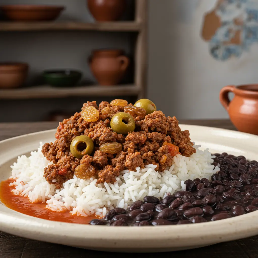 Picadillo cubano tradicional con arroz blanco, frijoles negros y su caldo. Texturas y colores vibrantes.