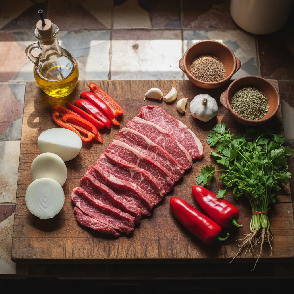 Ingredientes crudos para vaca frita cubana: flanco, cebolla, pimientos, ajo, cilantro, especias.