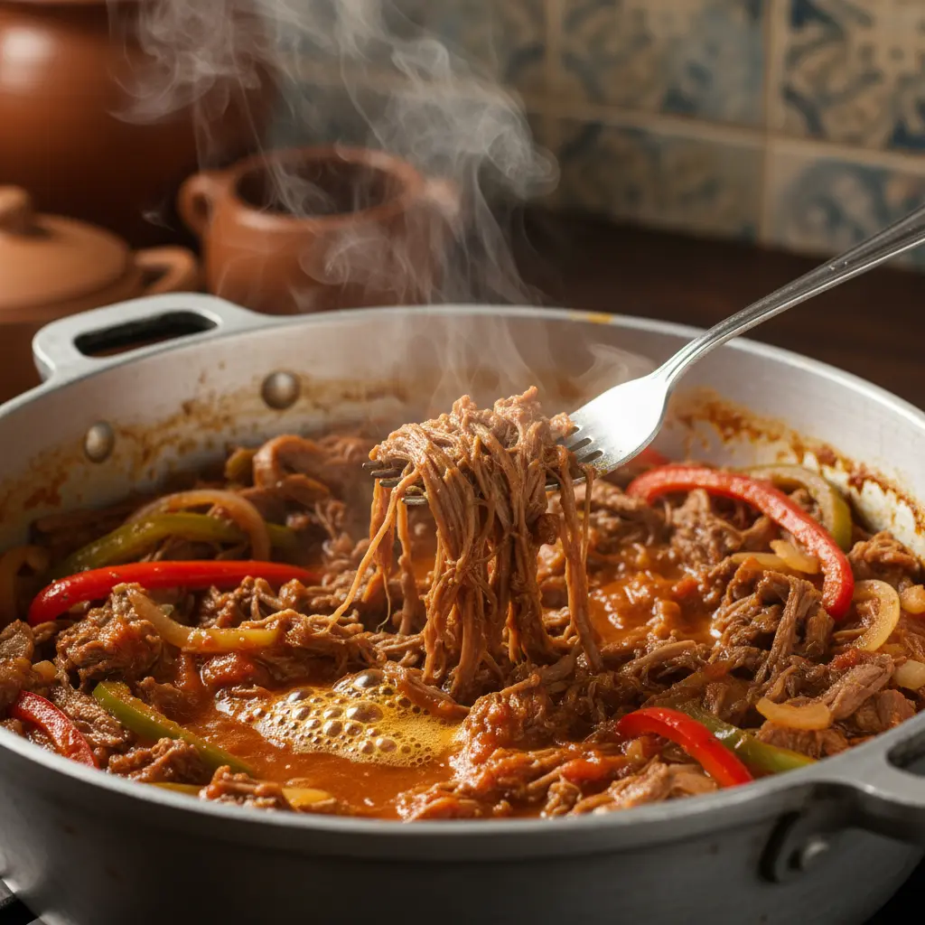 Ropa vieja de res deshebrada cocinándose en caldero cubano, con vapor y tenedor desmenuzando carne.