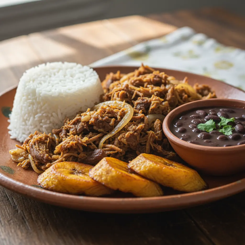 Vaca frita cubana casera en plato rústico con arroz, frijoles negros y maduros.