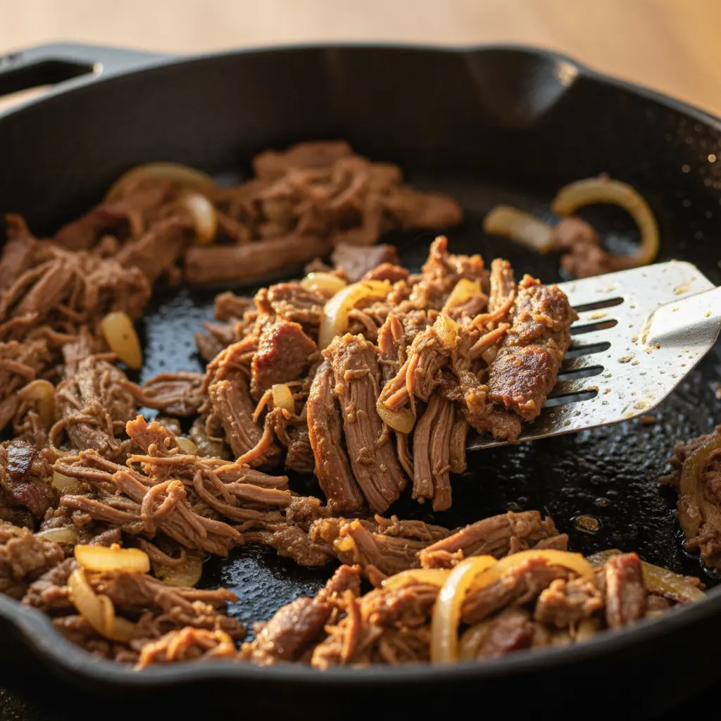 Vaca frita cubana crujiente en sartén, con cebolla salteada.
