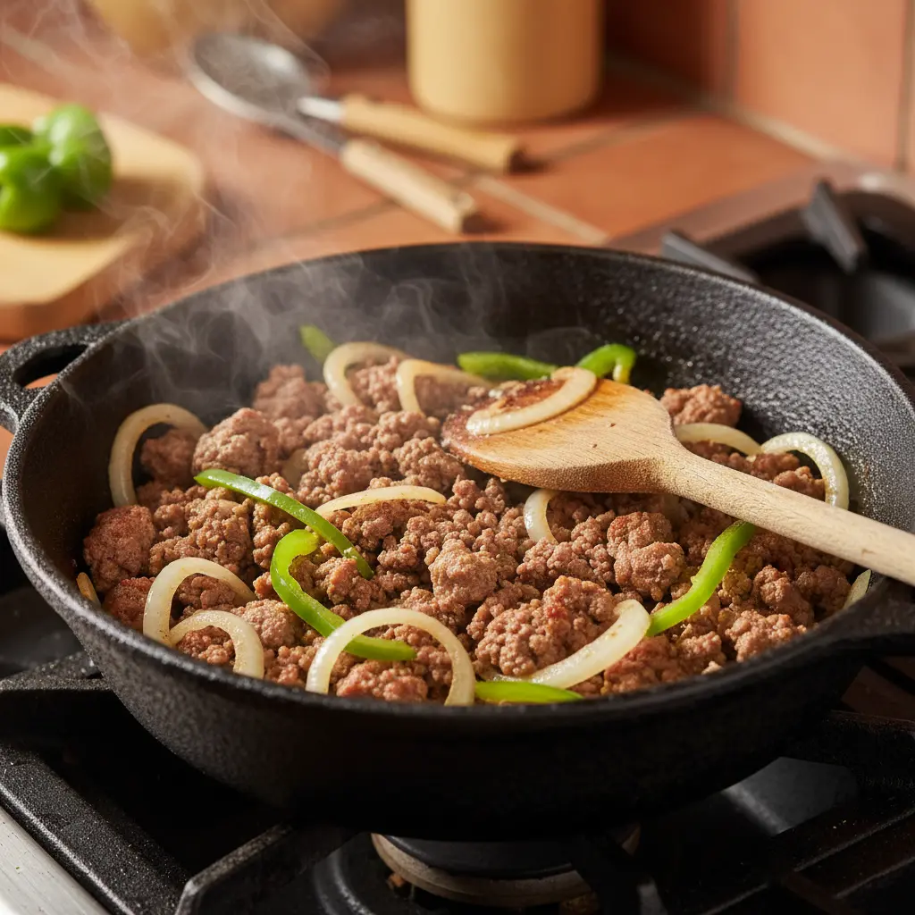 Carne molida dorándose en caldero cubano con cebolla y pimientos. Vapor y cuchara de madera.