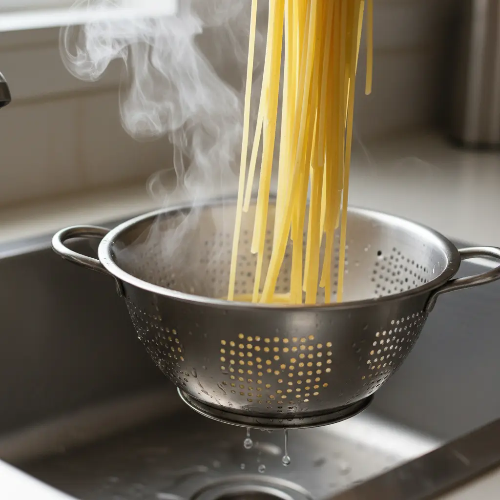 Esterilizando espagueti cocido en colador sobre fregadero de acero inoxidable, con vapor.