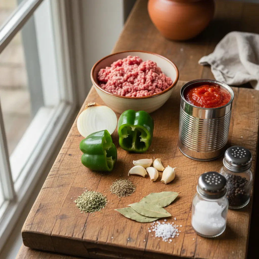 Ingredientes frescos para espagueti boloñesa cubana: carne picada, cebolla, pimiento, ajo, tomate, especias.