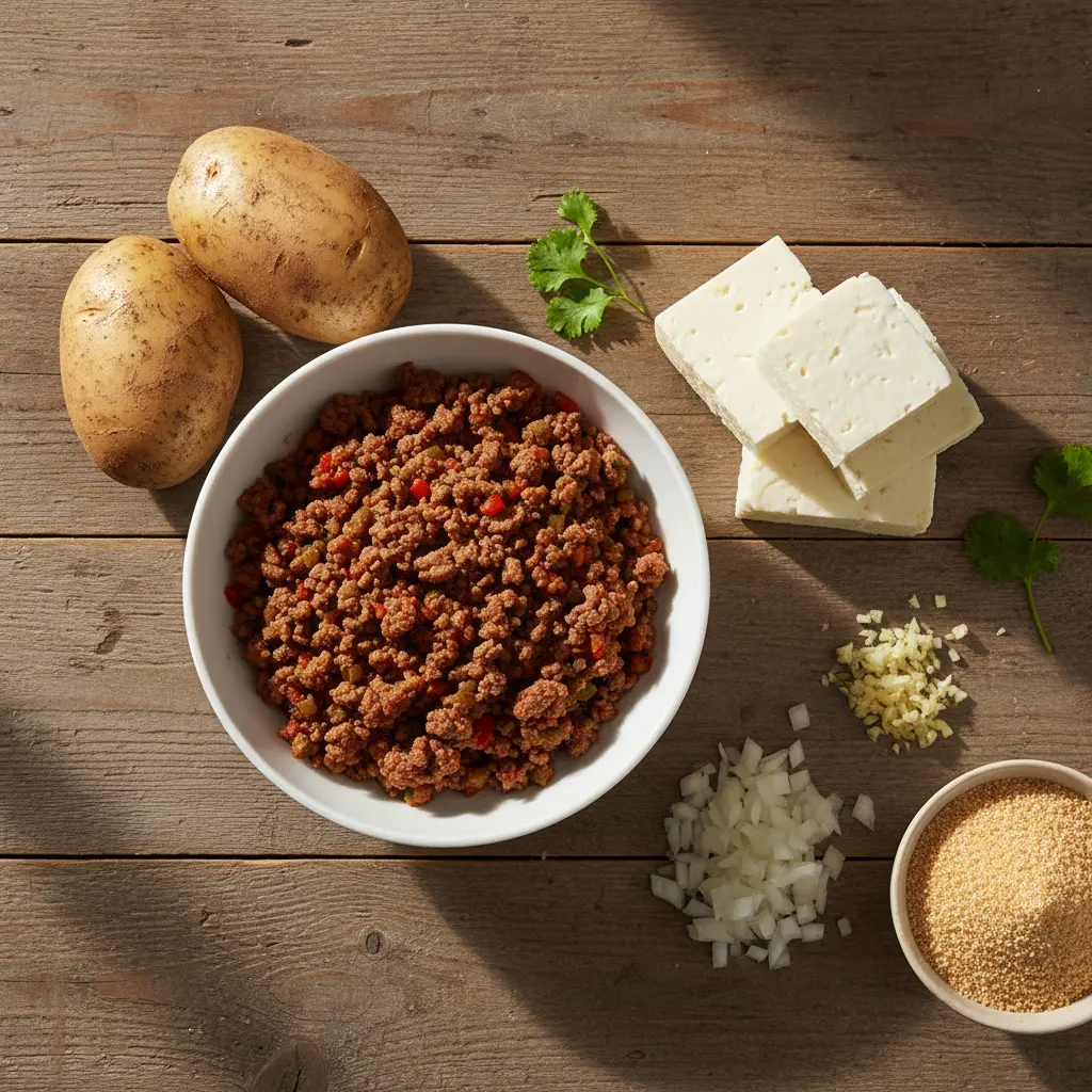 Ingredientes para papas rellenas cubanas: papas, queso, picadillo, cebolla, ajo, pan rallado.